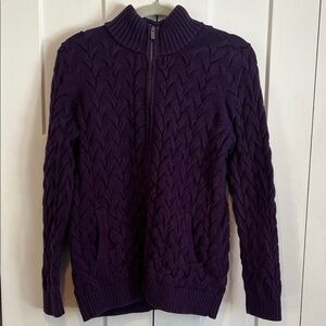 Land’s End Drifter Full Zip Purple Cable knit Sweater Medium 100% cotton